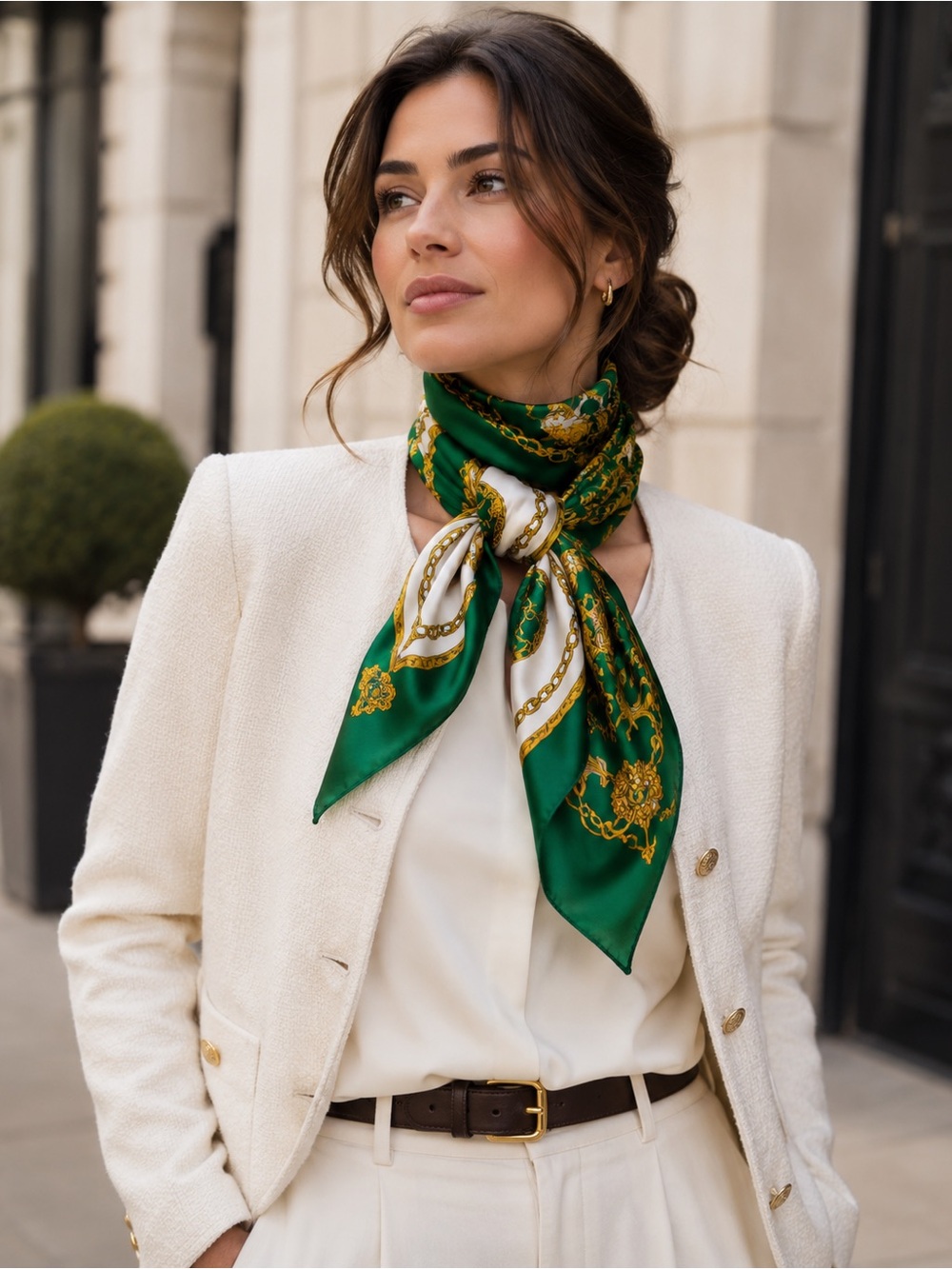 Fabergé 100% Silk Scarf 32” Green Gold Baroque Chain Print Hand Sewn